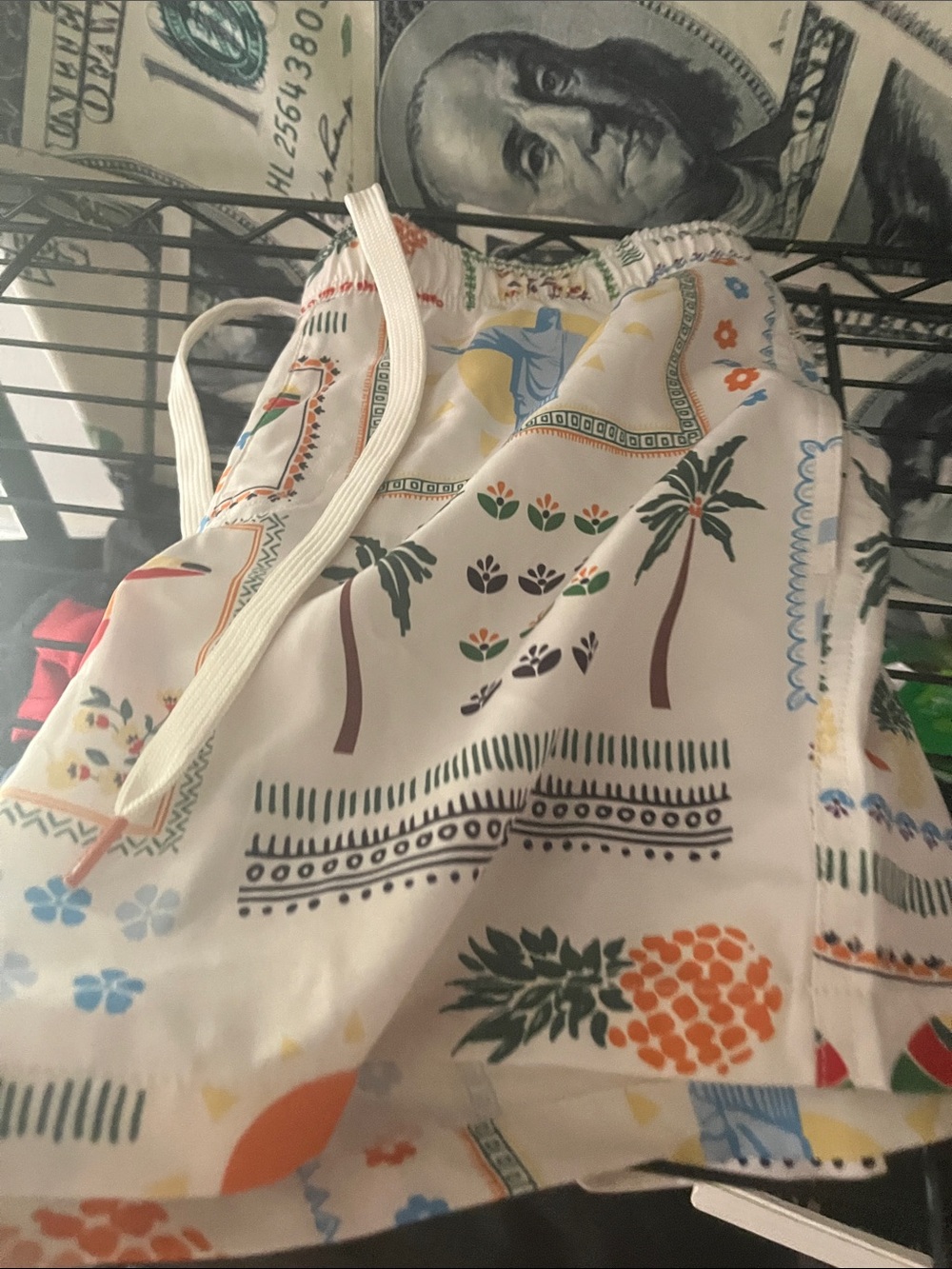White Tropical Print Drawstring Elastic Waist Shorts